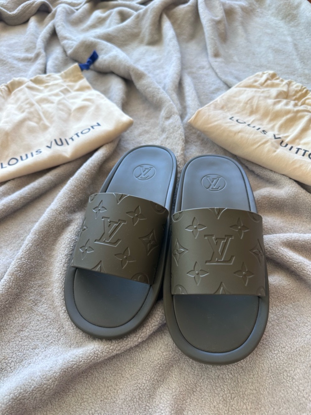 Louis Vuitton women’s Olive rubber Monogram Slide Sandals